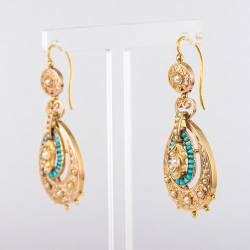 Boucles d'oreilles Pendants d'oreilles anciens turquoises et perles fines 58 Facettes 17-326A