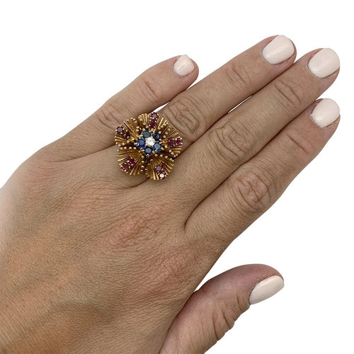 Bague 49 Bague vintage or jaune, saphirs, rubis et diamants. 58 Facettes 30503
