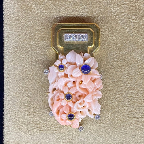 Clip Clip or jaune corail, diamant et cabochon saphir 58 Facettes CEY22