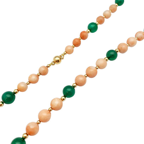 Collier Sautoir boules corail, chrysoprases, intercalaires or jaune. 58 Facettes 30348