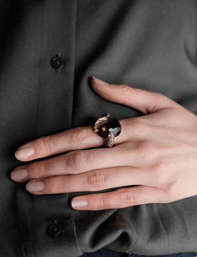 Bague 53 Pomellato - Bague Tango Grand Modèle Or Jaune, Quartz Fumé Facetté et Diamants 58 Facettes