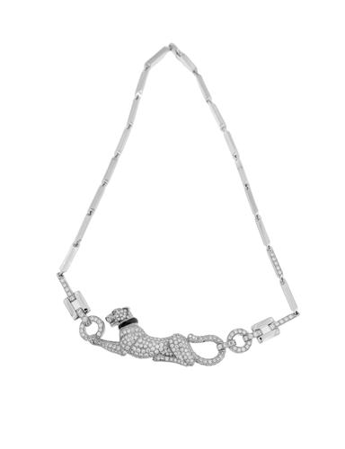 Collier Cartier - Collier Vintage Panthère en diamants, émeraudes, émail et or blanc 58 Facettes