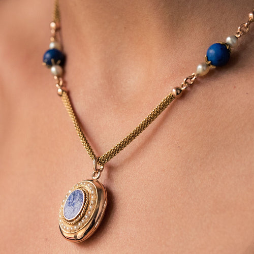 Collier Collier ancien et son médaillon lapis lazuli et perles fines 58 Facettes 20-154