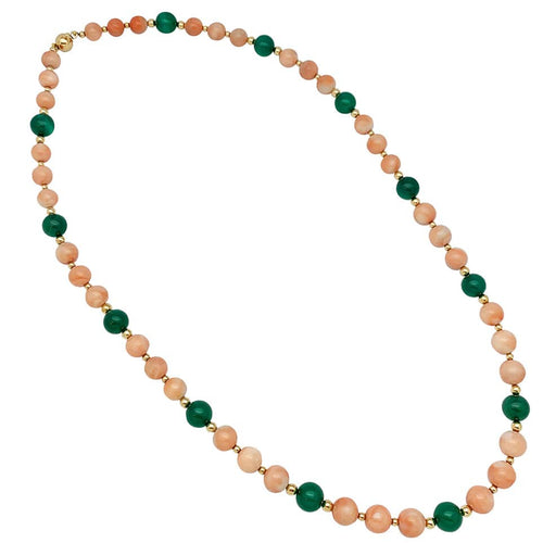 Collier Sautoir boules corail, chrysoprases, intercalaires or jaune. 58 Facettes 30348