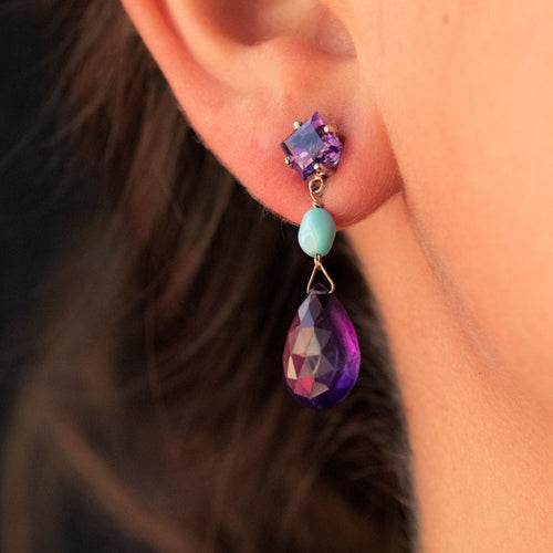 Boucles d'oreilles Boucles d'oreilles pendantes améthystes et turquoises 58 Facettes 17-302