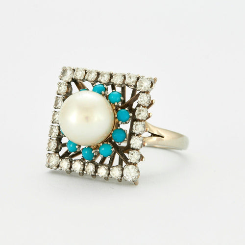 Bague 51 Bague Carrée Perle Turquoises Diamants 58 Facettes 230437