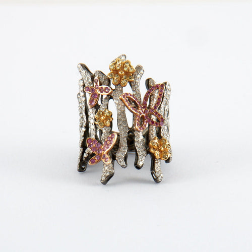 Bague 54 Bague Branche Papillons Saphirs roses et jaunes Diamants 58 Facettes 1.9127