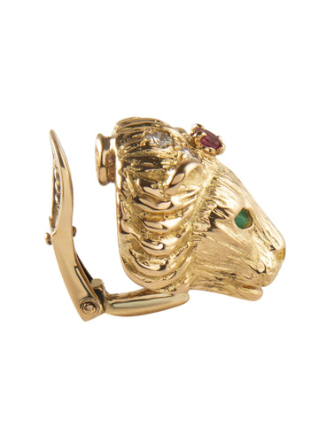 Boucles d'oreilles Boucles d'oreilles Tête de Lion Or Jaune, diamants, rubis & émeraudes 58 Facettes