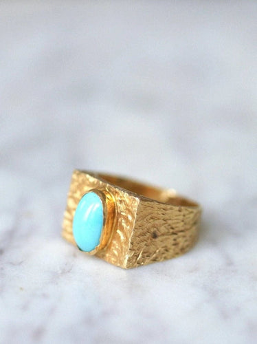 Bague chevalière or martelé et turquoise 58 Facettes