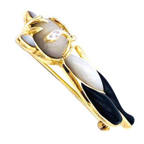 Broche Broche "Chat", or jaune, nacre, onyx, diamants. 58 Facettes 32695