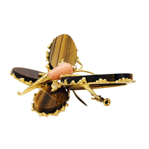 Broche Broche Papillon Fred, or jaune, corail, diamants et oeil de tigre. 58 Facettes 30760
