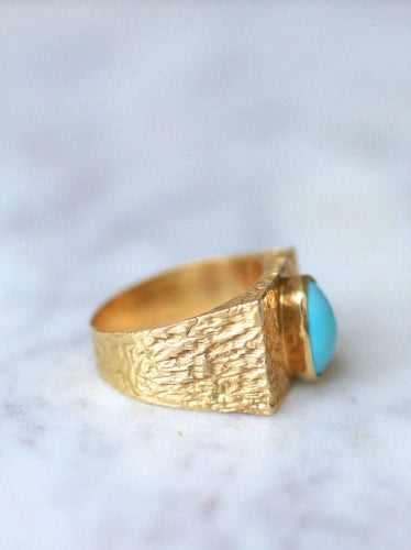 Bague chevalière or martelé et turquoise 58 Facettes