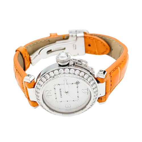 Montre Montre Cartier "Pasha" en or blanc, diamants et cuir. 58 Facettes 31381