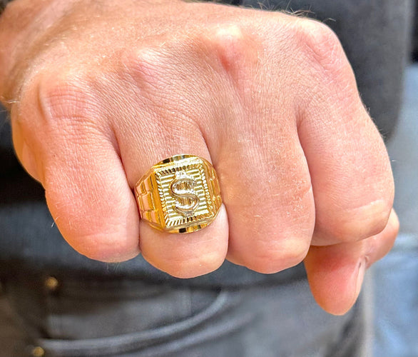Bague 61 Chevalière Dollars en or jaune 18 carats 58 Facettes