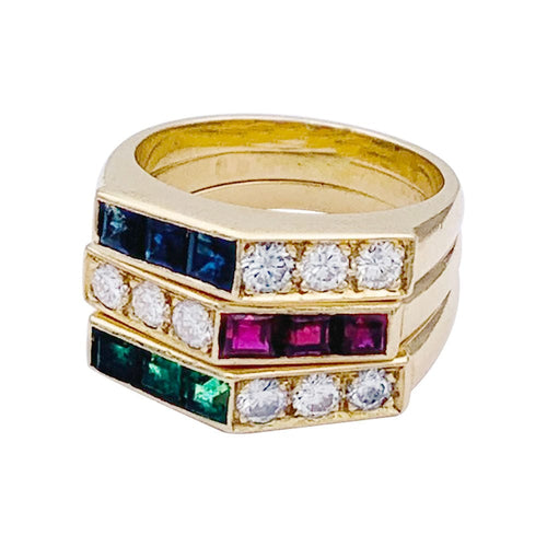 Bague 50 Ensemble de 3 bagues, or jaune, saphirs, rubis, émeraudes, diamants. 58 Facettes 32922