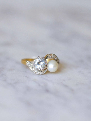 Bague toi et moi ancienne aigue-marine, perle, diamants 58 Facettes