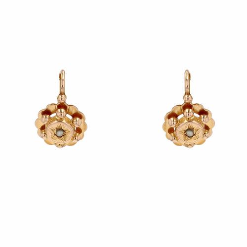 Boucles d'oreilles Dormeuses anciennes or rose demi perles fines serti étoilé 58 Facettes 19-187A