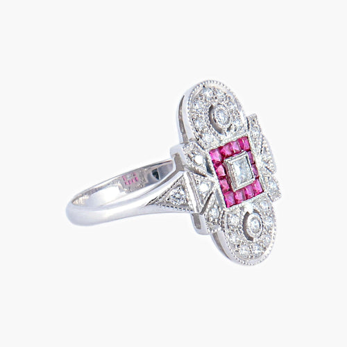 Bague 51 Bague style Art Déco Diamants et Rubis 58 Facettes