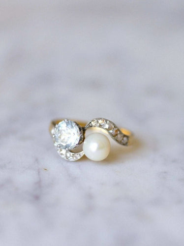 Bague toi et moi ancienne aigue-marine, perle, diamants 58 Facettes