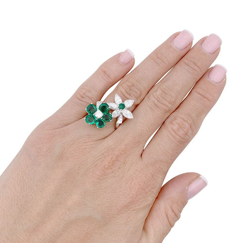 Bague 50 Bague "Toi & Moi" platine, diamants, émeraudes. 58 Facettes 33121