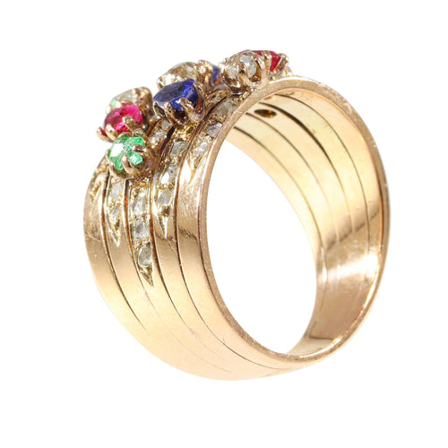 Bague 59 Une bague victorienne en pierres précieuses vieille de 140 ans - saphirs, rubis, émeraudes 58 Facettes 23360-0334