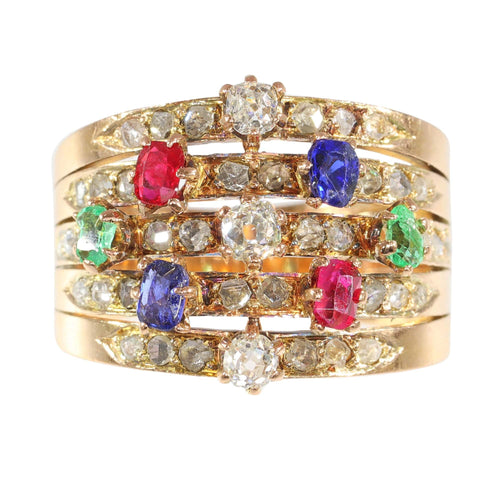 Bague 59 Une bague victorienne en pierres précieuses vieille de 140 ans - saphirs, rubis, émeraudes 58 Facettes 23360-0334