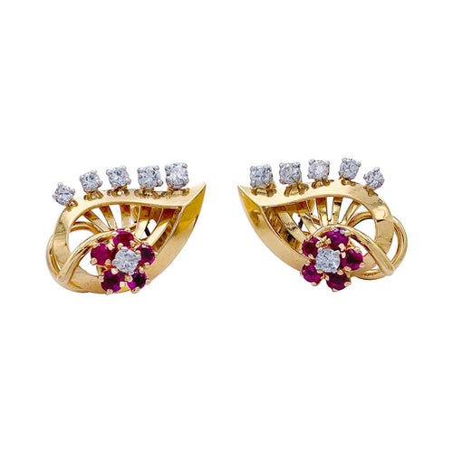 Boucles d'oreilles Boucles d'oreilles vintage, "Feuilles", or rose, diamants, rubis. 58 Facettes 32319