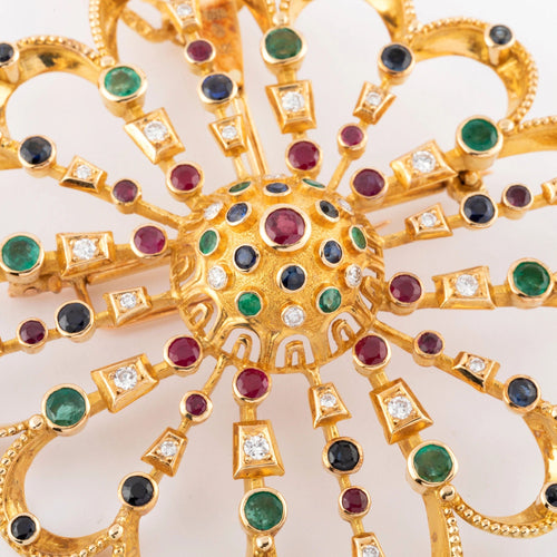 Pendentif Pendentif et broche or jaune du créateur grec Lalaounis ornée de pierres précieuses 58 Facettes