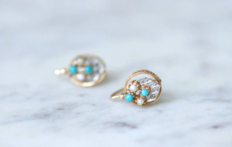 Boucles d'oreilles Dormeuses or rose, perles, turquoises et diamants 58 Facettes