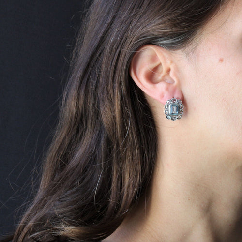 Boucles d'oreilles Boucles d'oreilles anciennes marguerites aigue-marines et diamants taillés en rose 58 Facettes 21-717