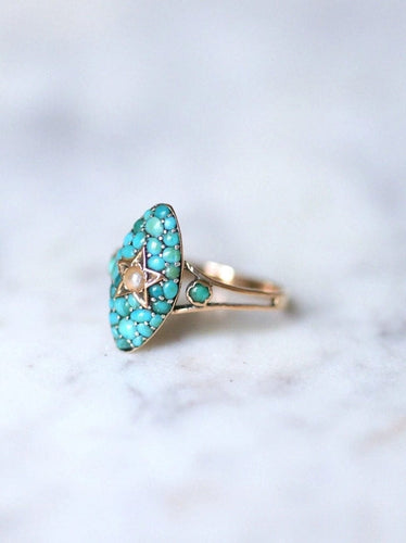 Bague marquise ancienne étoile, or rose, turquoises et perle 58 Facettes