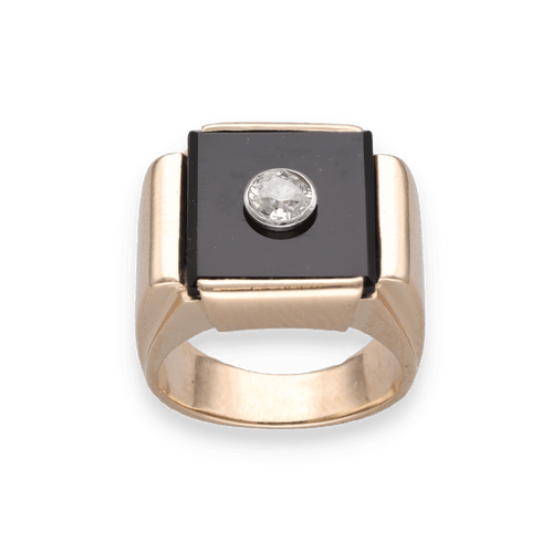 Bague 53 Bague Chevalière Diamant, Onyx & Or Rose 58 Facettes
