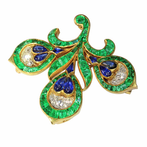 Broche Broche Fleur de Lys Antique Français, Essence Verte Intense (émeraudes, saphirs, diamants) 58 Facettes 23167-0365