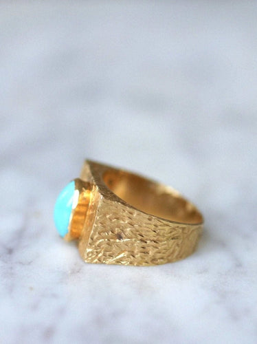Bague chevalière or martelé et turquoise 58 Facettes