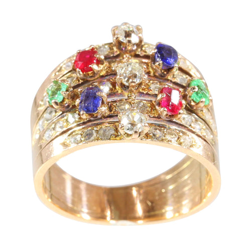 Bague 59 Une bague victorienne en pierres précieuses vieille de 140 ans - saphirs, rubis, émeraudes 58 Facettes 23360-0334