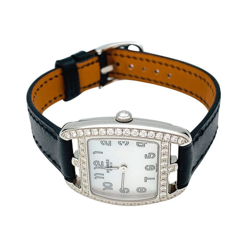 Montre Montre Hermès modèle "Cape Cod Tonneau" en acier et diamants sur cuir. 58 Facettes 29525