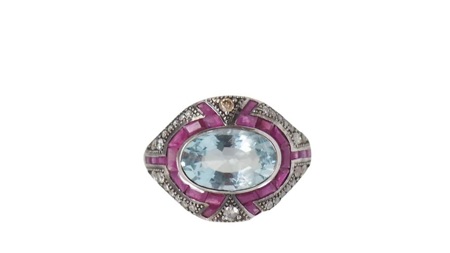 Bague Bague Art Déco or blanc et argent, aigue marine, rubis et diamants 58 Facettes 31442