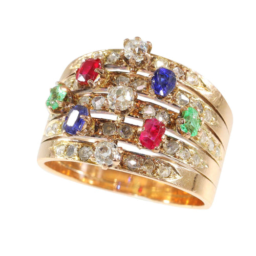 Bague 59 Une bague victorienne en pierres précieuses vieille de 140 ans - saphirs, rubis, émeraudes 58 Facettes 23360-0334