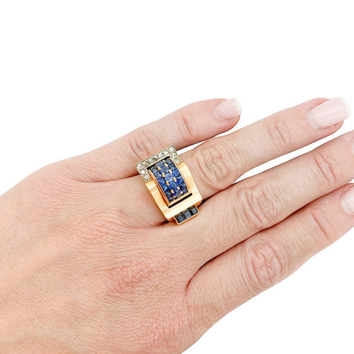 Bague 52 Bague Tank or rose, platine, saphirs, diamants. 58 Facettes 31372
