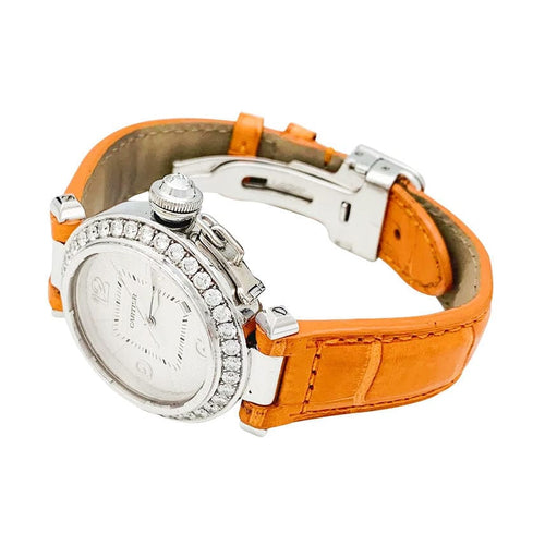 Montre Montre Cartier "Pasha" en or blanc, diamants et cuir. 58 Facettes 31381