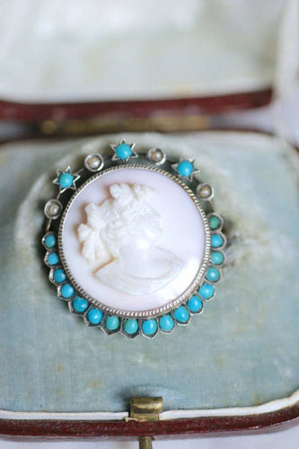 Broche ancienne Autrichienne camée coquille rose, turquoises, et perles sur argent 58 Facettes