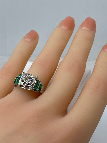 Bague 52 Bague Art Déco Platine, Diamant 1,55cts et Emeraudes 58 Facettes