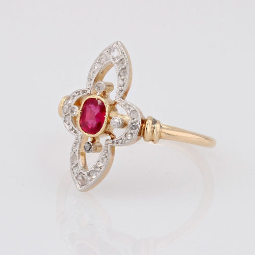 Bague 56 Bague ancienne rubis diamants trèfle élancé 58 Facettes 22-567