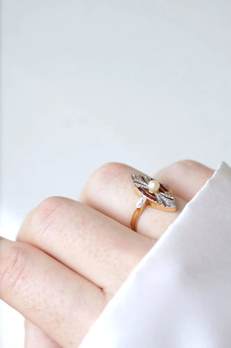 Bague Bague Marquise Art Deco perle, diamants 58 Facettes