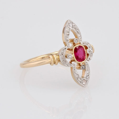 Bague 56 Bague ancienne rubis diamants trèfle élancé 58 Facettes 22-567