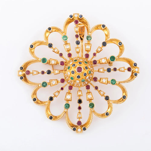 Pendentif Pendentif et broche or jaune du créateur grec Lalaounis ornée de pierres précieuses 58 Facettes