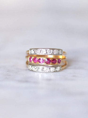 Bague Victorienne triple anneau en or rose, platine, rubis et diamants 58 Facettes