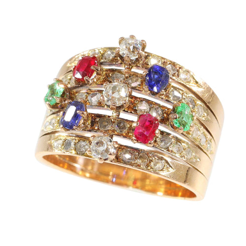 Bague 59 Une bague victorienne en pierres précieuses vieille de 140 ans - saphirs, rubis, émeraudes 58 Facettes 23360-0334
