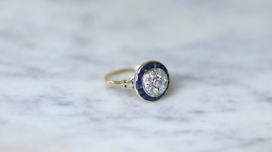 Bague Bague cible Art Déco Or jaune Platine Diamants Saphirs 58 Facettes