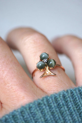 Bague trèfle chrysobéryl oeil de chat et diamants 58 Facettes